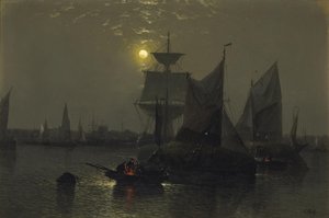 Sailing Vessels in a Moonlit Harbor with Fishermen and Their Boats in the Foreground by Abraham Hulk
